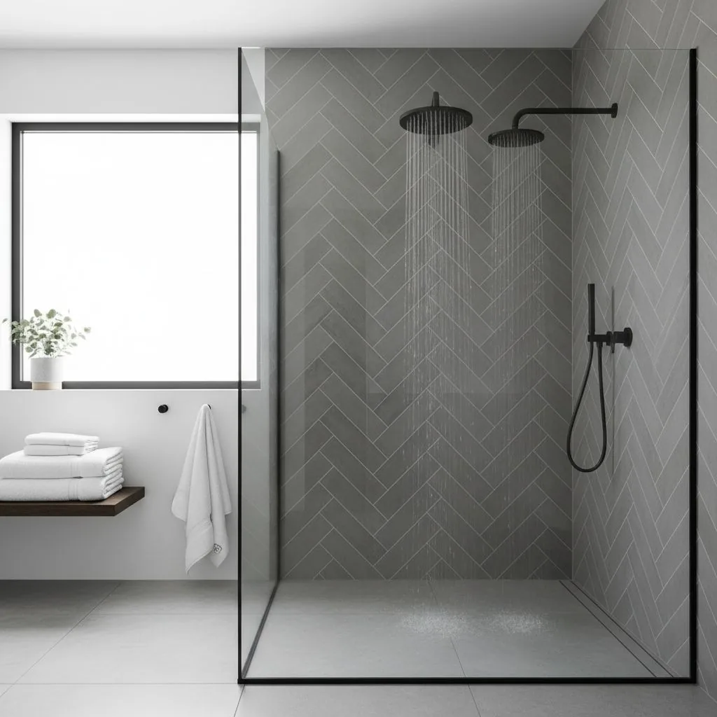 Grey herringbone shower tiles beside clear glass and black shower fittings