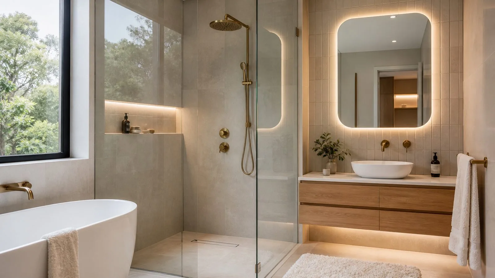 Bathroom with timber-look vanity drawers, countertop basin, backlit mirror and glass shower screen